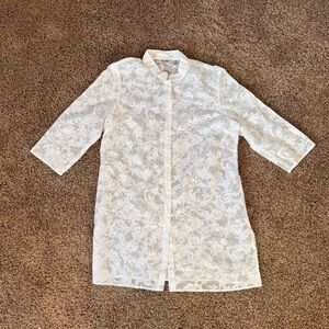 Vintage Sheer White Floral Fabric Buttoned Tunic Top By UNITS Size PXL